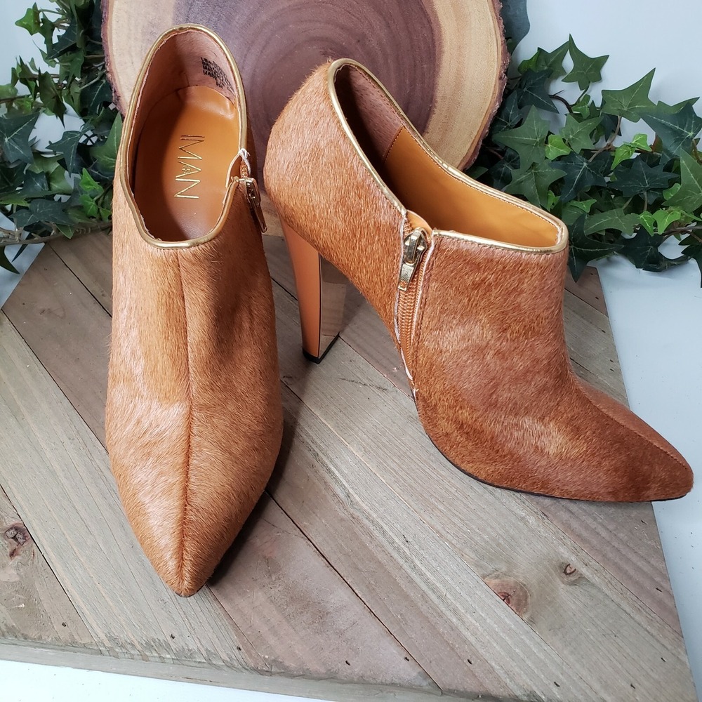 IMAN Women's Cognac‎ fur Ankle Boots Size 9M